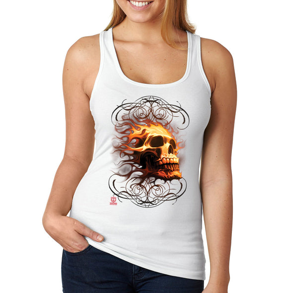 XtraFly Apparel Women's Fire Skull Flames Flaming Skeleton Biker Rider Motorcycle Undead Grim Reaper Underworld Demon Devil Gothic Racerback