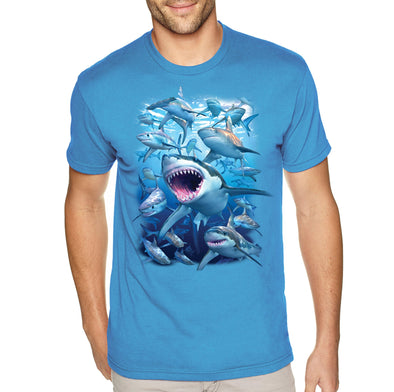 XtraFly Apparel Men&#39;s Tee Shark Club Great White Hammer Head Mako Blue Tiger Bull Swimming Ocean Fish Fishing Diving Beach Crewneck T-shirt