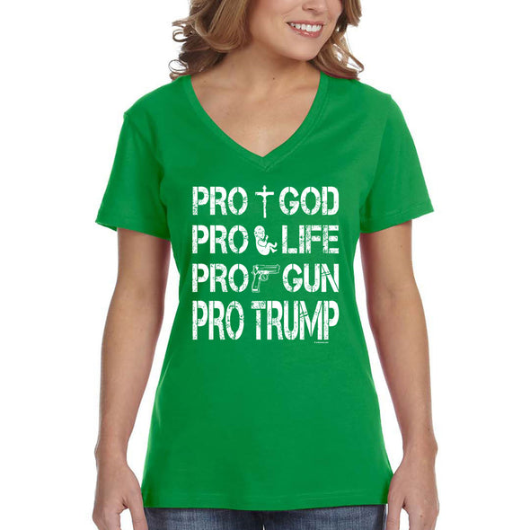 XtraFly Apparel Women's Pros Trump 2024 God Life Gun Religious 2nd Amendment American Flag Pride Patriot Republican MAGA USA V-neck T-shirt