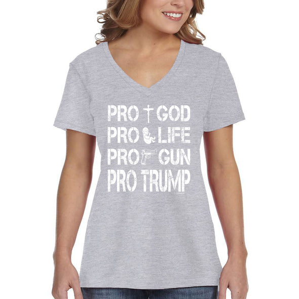 XtraFly Apparel Women's Pros Trump 2024 God Life Gun Religious 2nd Amendment American Flag Pride Patriot Republican MAGA USA V-neck T-shirt