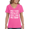 XtraFly Apparel Women's Pros Trump 2024 God Life Gun Religious 2nd Amendment American Flag Pride Patriot Republican MAGA USA V-neck T-shirt