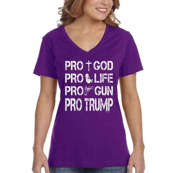 XtraFly Apparel Women's Pros Trump 2024 God Life Gun Religious 2nd Amendment American Flag Pride Patriot Republican MAGA USA V-neck T-shirt