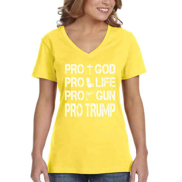 XtraFly Apparel Women's Pros Trump 2024 God Life Gun Religious 2nd Amendment American Flag Pride Patriot Republican MAGA USA V-neck T-shirt