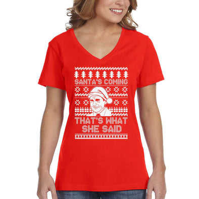 XtraFly Apparel Women's Santa's Coming That's What She Said Ugly Christmas Sweater Office Funny Party Holiday Gift Tree Xmas V-neck T-shirt