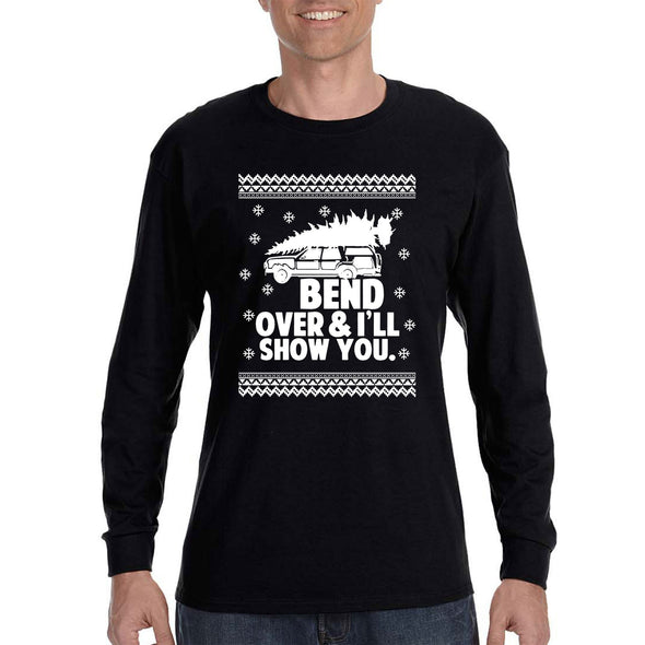 XtraFly Apparel Men's Bend Over I'll Show You Ugly Christmas Sweater Matching Griswold Movie Vacation Xmas Tree Holiday Long Sleeve T-Shirt