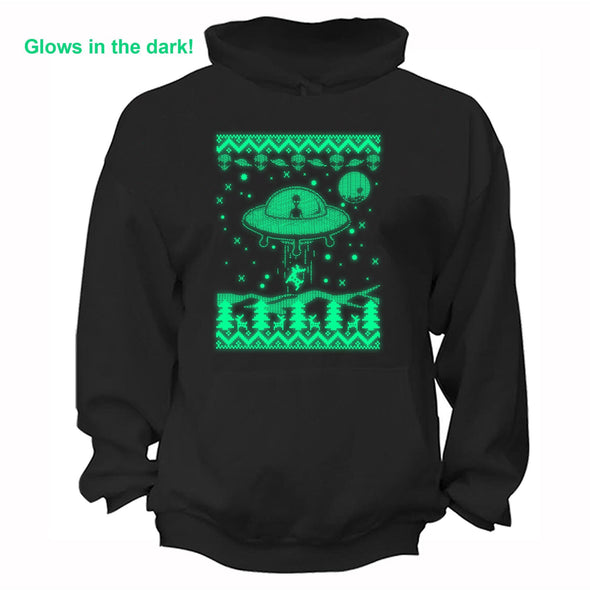 XtraFly Apparel Men Women's Alien Abducting Reindeer Glow Dark Christmas Sweater UFO Alien Space Ship Galaxy Mars Rocket Xmas Holiday Hoodie