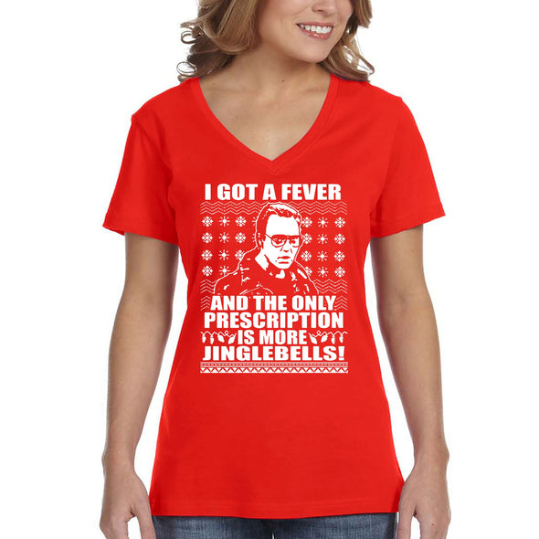 XtraFly Apparel Women's Got Fever Only Perscription More Jingle Bells Ugly Christmas Sweater Cowbell Funny Walken Ferrell Elf V-neck T-shirt