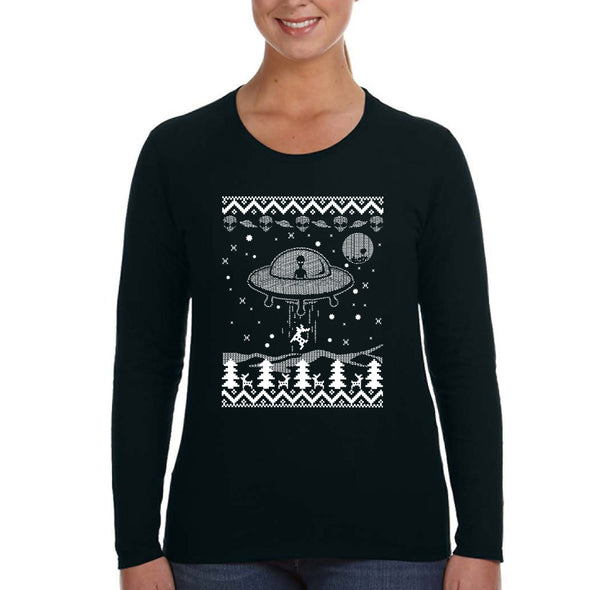 XtraFly Apparel Women's Alien Abducting Reindeer Glow Dark Christmas Sweater UFO Alien Space Galaxy Mars Xmas Holiday Long Sleeve T-Shirt