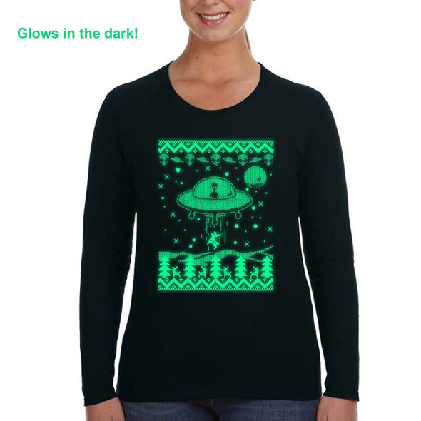 XtraFly Apparel Women's Alien Abducting Reindeer Glow Dark Christmas Sweater UFO Alien Space Galaxy Mars Xmas Holiday Long Sleeve T-Shirt